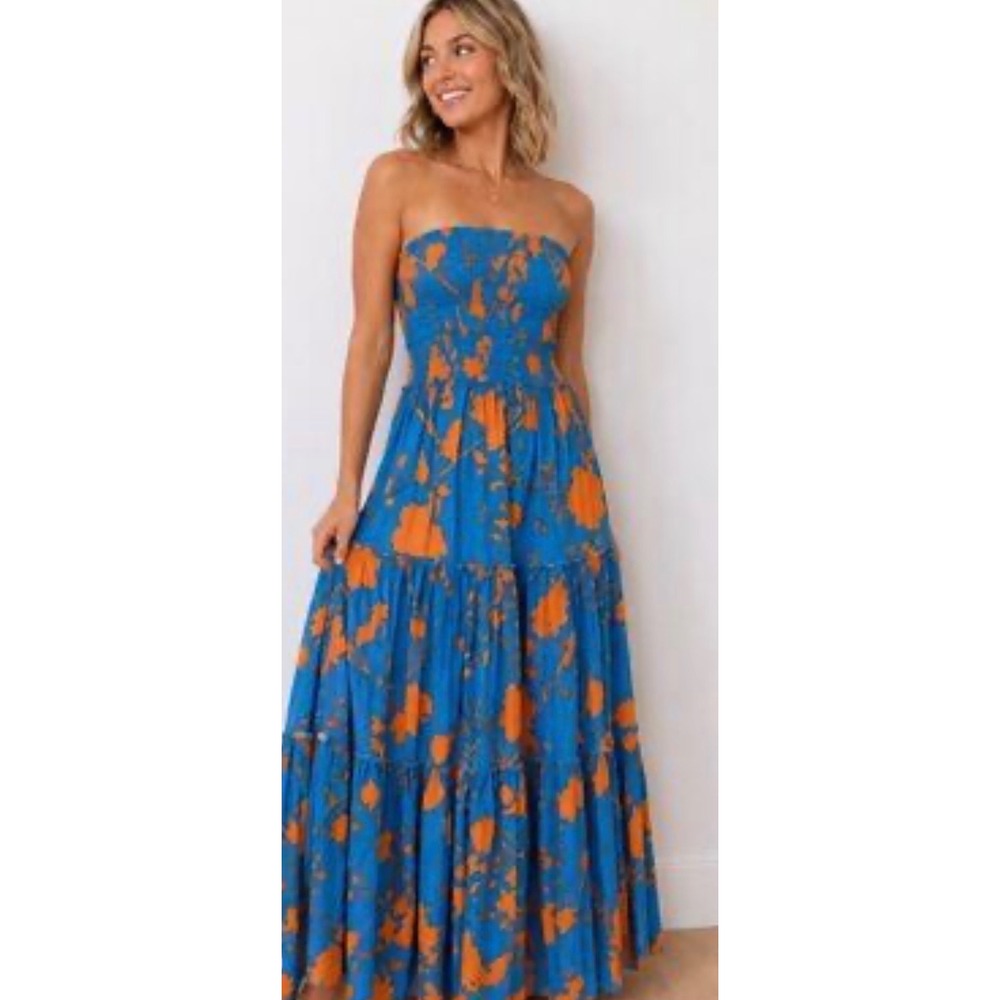 Anthropologie Adel The Label XS Blue Orange Floral Smocked Strapless Maxi Dress